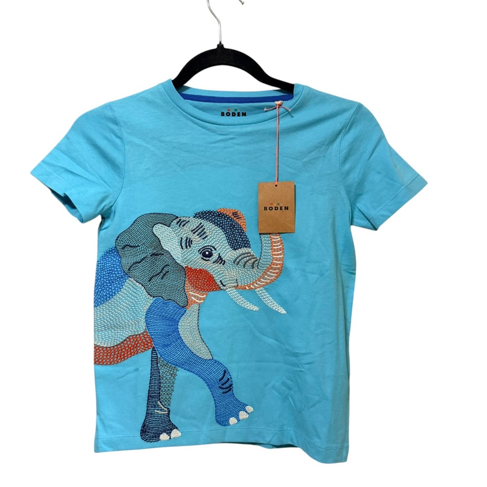 Mini Boden Boys Blue Elephant Embroidered Graphic T-Shirt Size 7-8Y NWT
